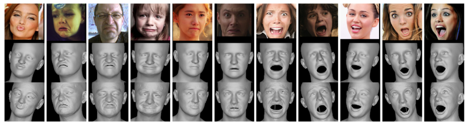 Input portraits with challenging expressions, followed by coarse and detailed EMOCA 3D reconstructions.